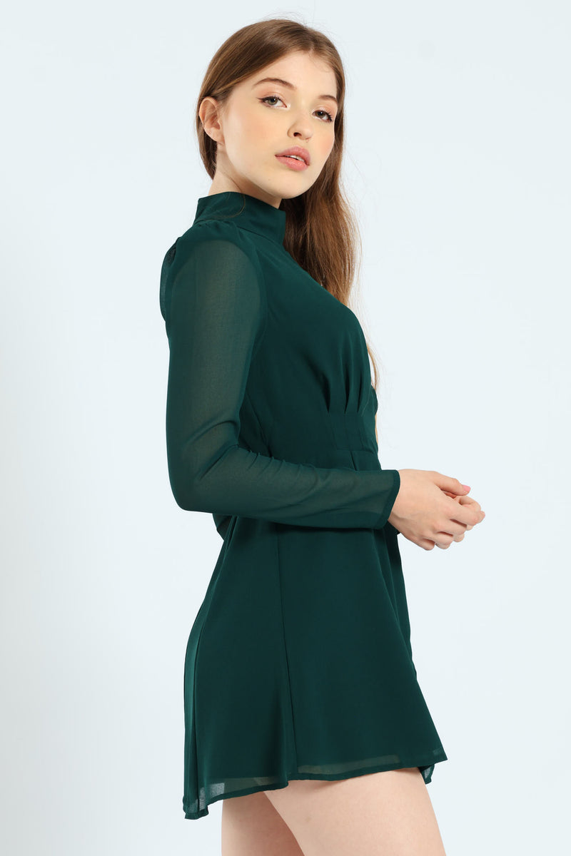 Chiffon Keyhole Tie-Waist Mini Dress - Hunter Green