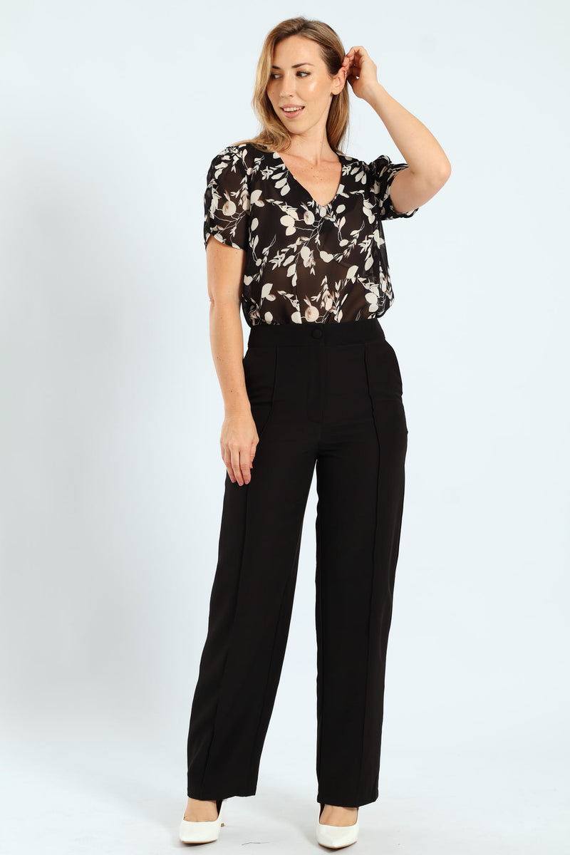 Button Sleeve Monochrome Blouse - Black/Cream