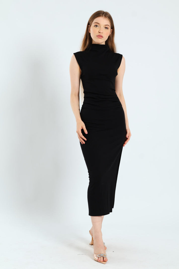 Cap Sleeve Natural Waist Midi Dress - Black
