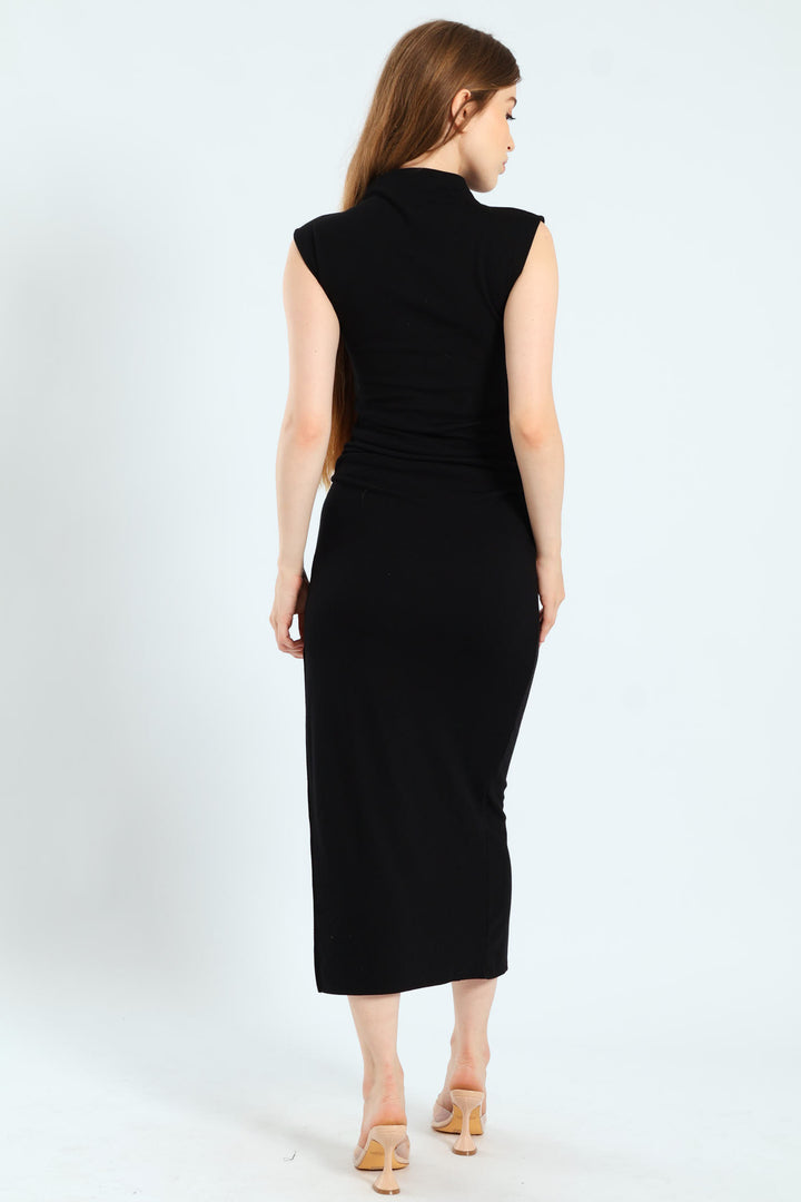 Cap Sleeve Natural Waist Midi Dress - Black