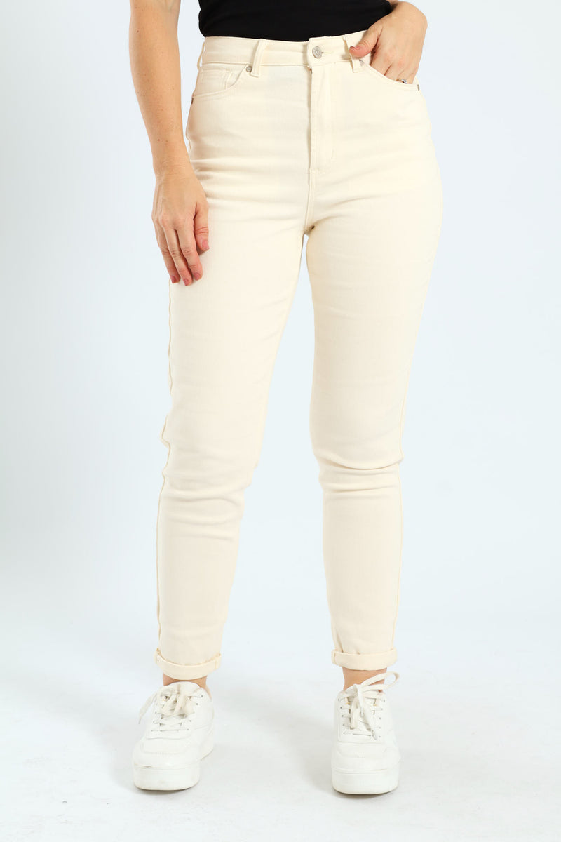 High Rise & Roll Hem Mom Jean - Ecru