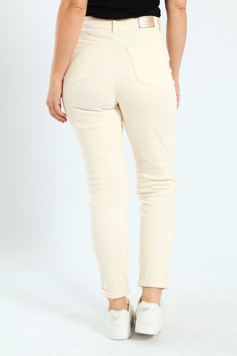 High Rise & Roll Hem Mom Jean - Ecru
