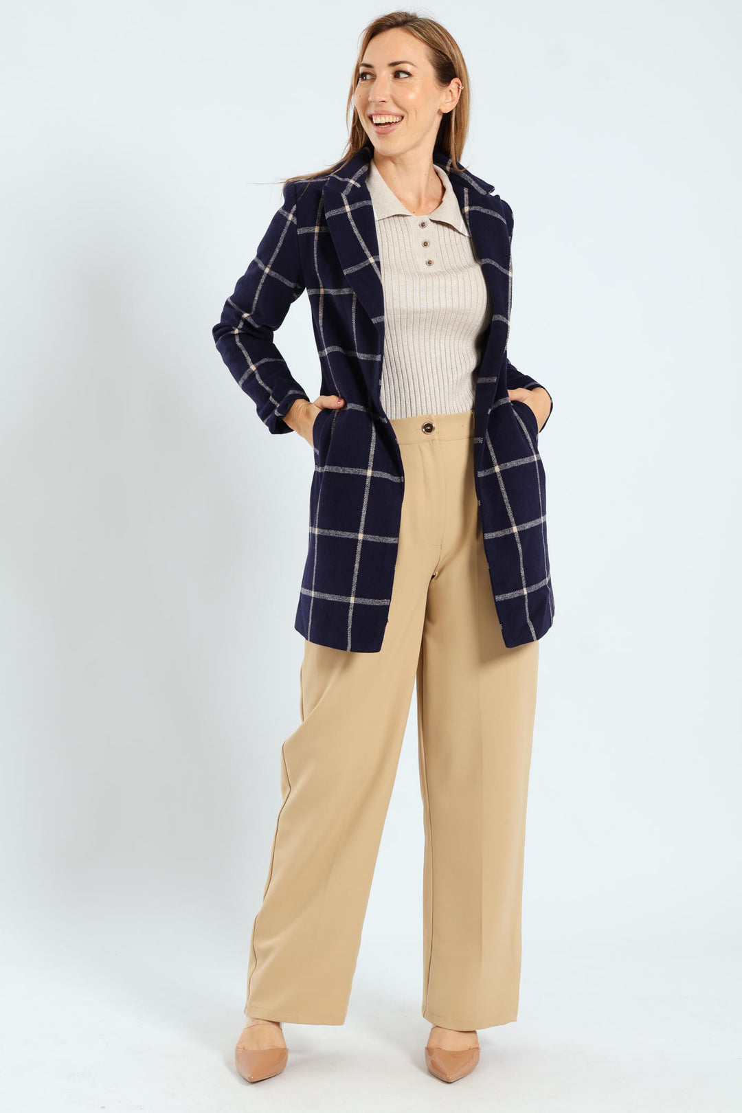 Charlotte Grid Check Single Breasted Coat - Navy