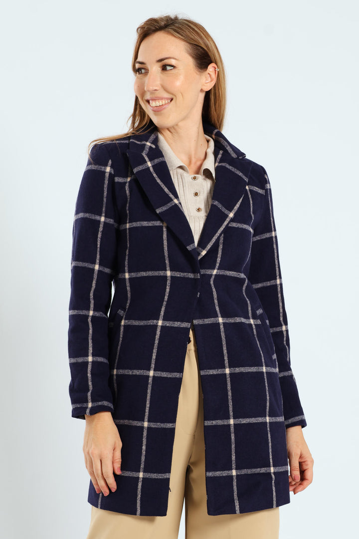 Charlotte Grid Check Single Breasted Coat - Navy