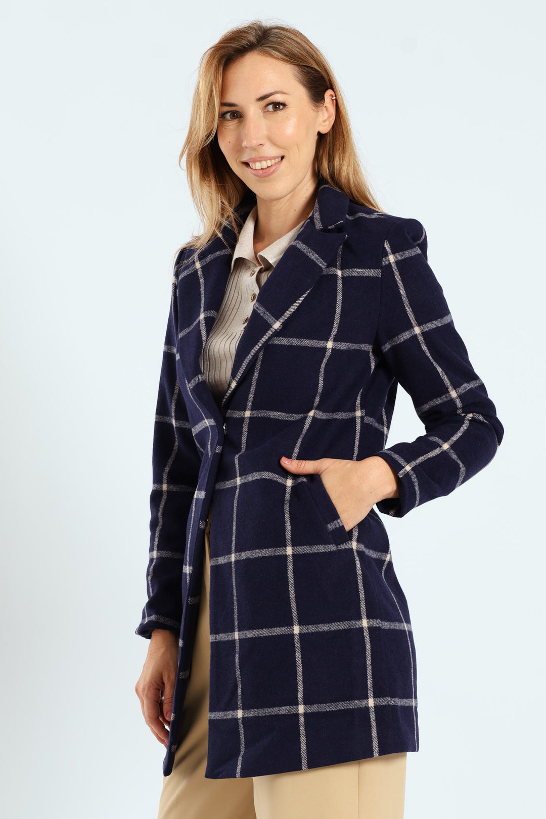 Charlotte Grid Check Single Breasted Coat - Navy