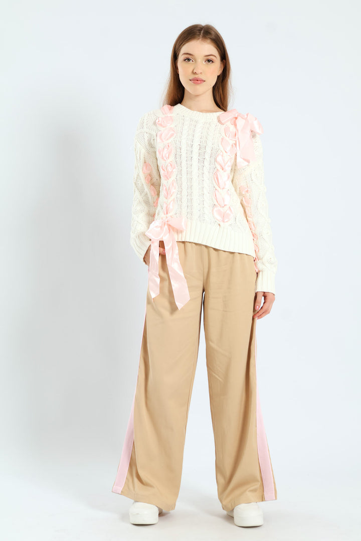 Cable Knit Ribbon Bow Sweater - White/Pink