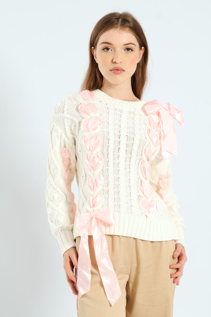 Cable Knit Ribbon Bow Sweater - White/Pink
