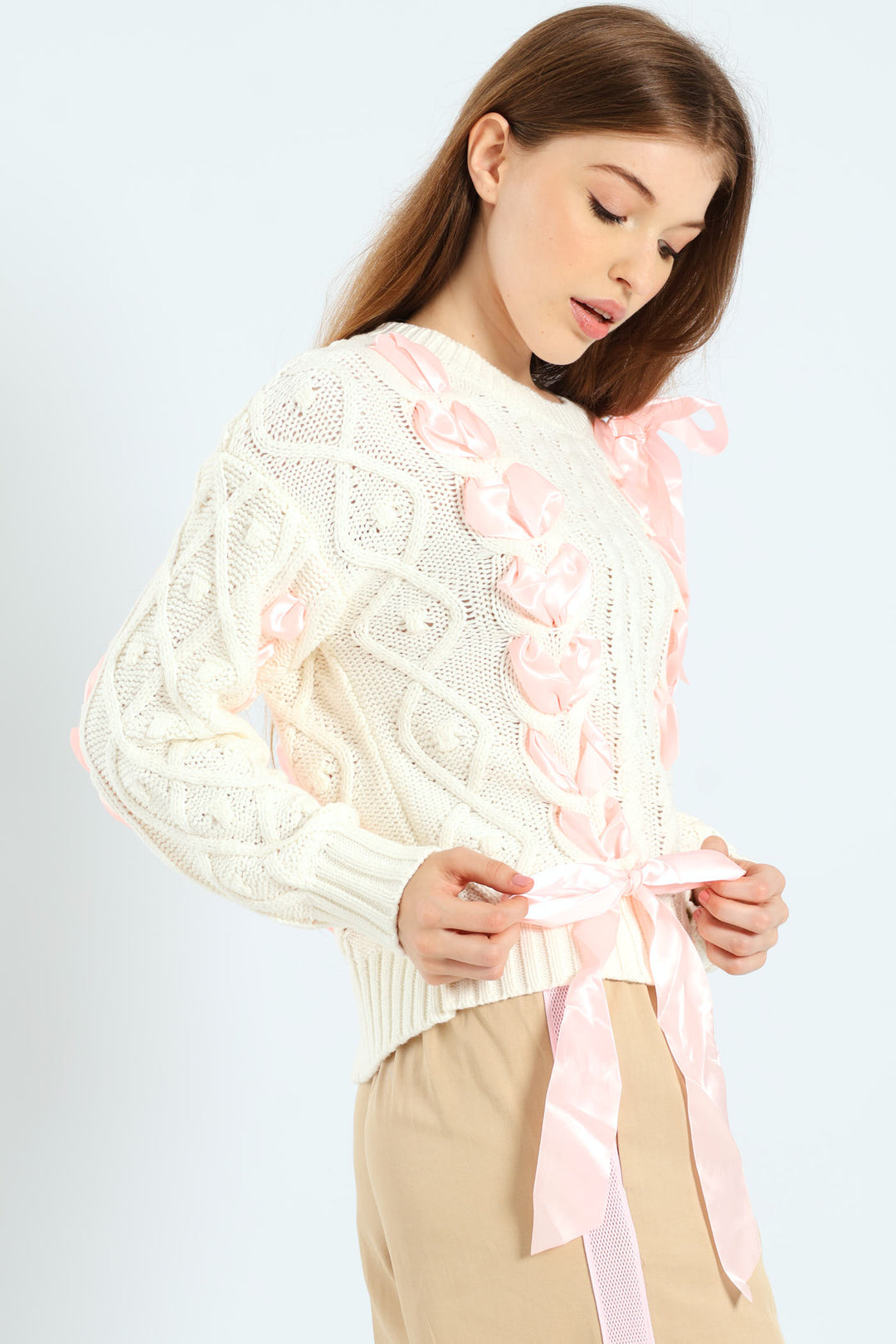 Cable Knit Ribbon Bow Sweater - White/Pink