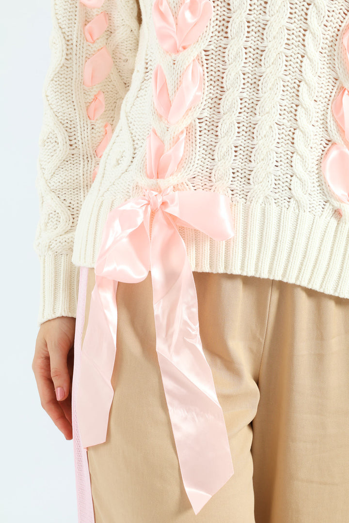 Cable Knit Ribbon Bow Sweater - White/Pink