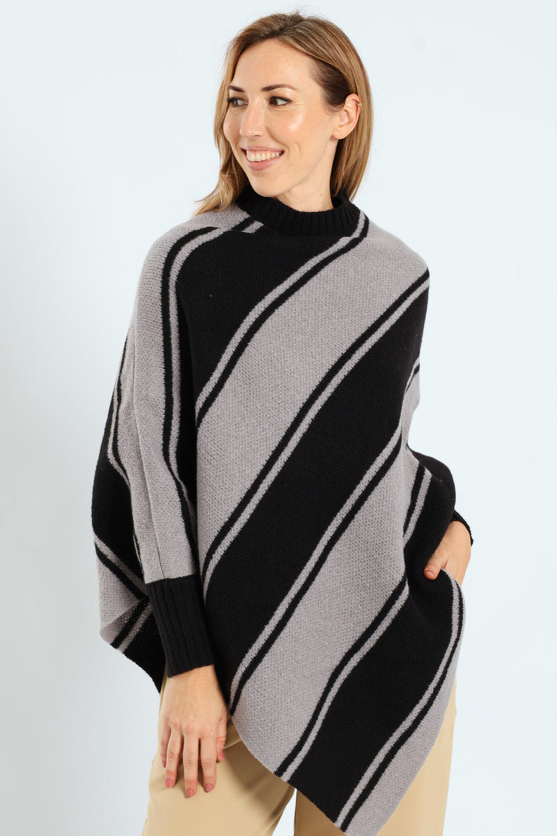 Diagonal Stripe Poncho - Black