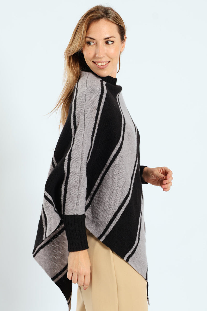 Diagonal Stripe Poncho - Black