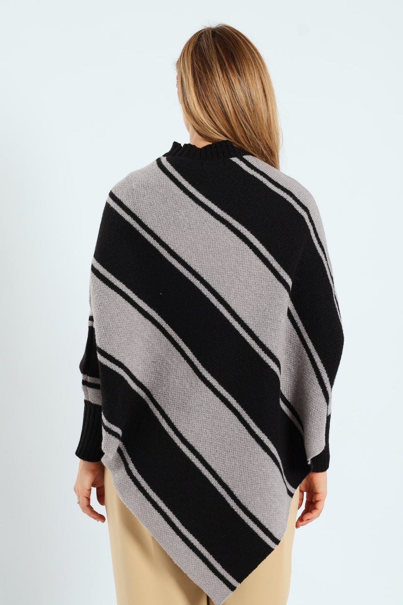 Diagonal Stripe Poncho - Black