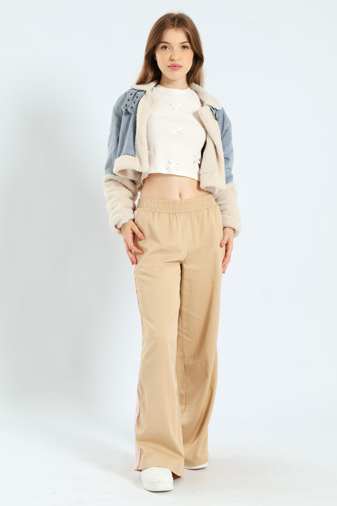 Faux Shearling Denim Moto Jacket - Light Blue