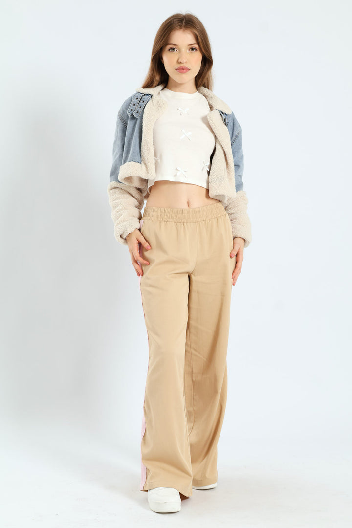 Faux Shearling Denim Moto Jacket - Light Blue