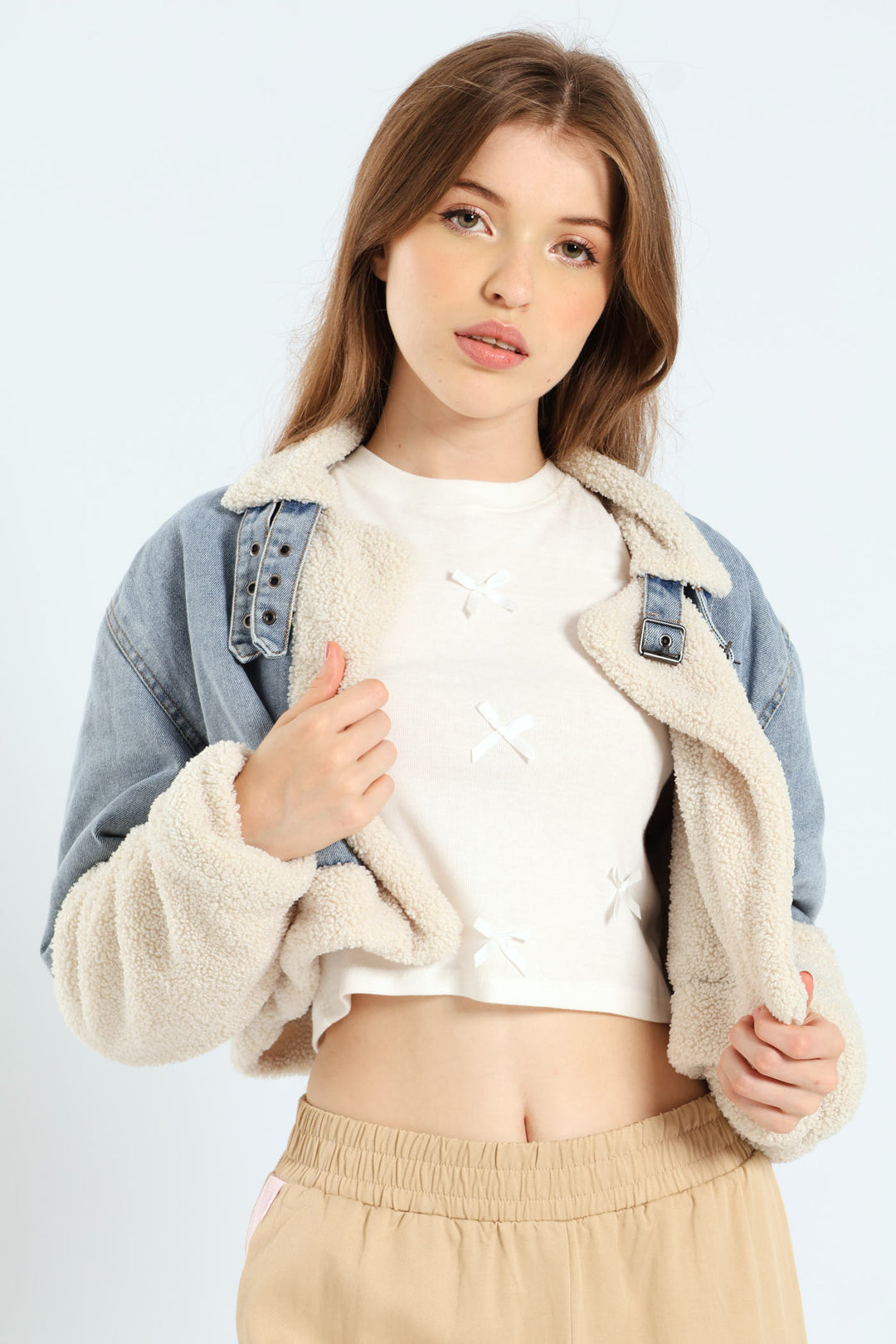 Faux Shearling Denim Moto Jacket - Light Blue