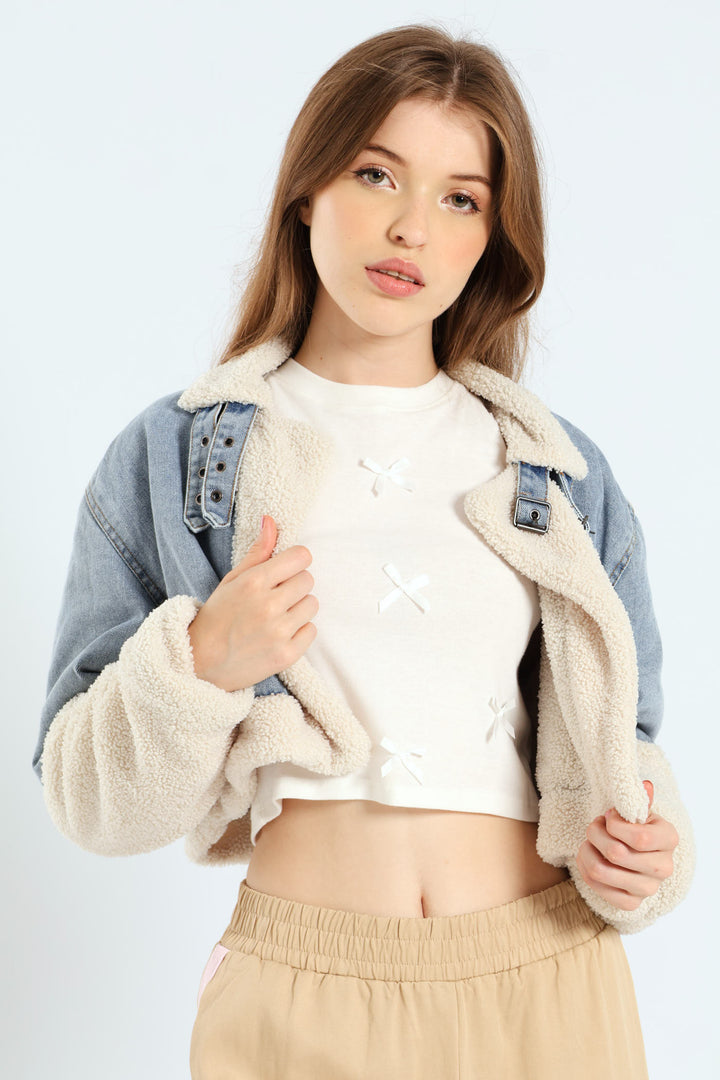 Faux Shearling Denim Moto Jacket - Light Blue