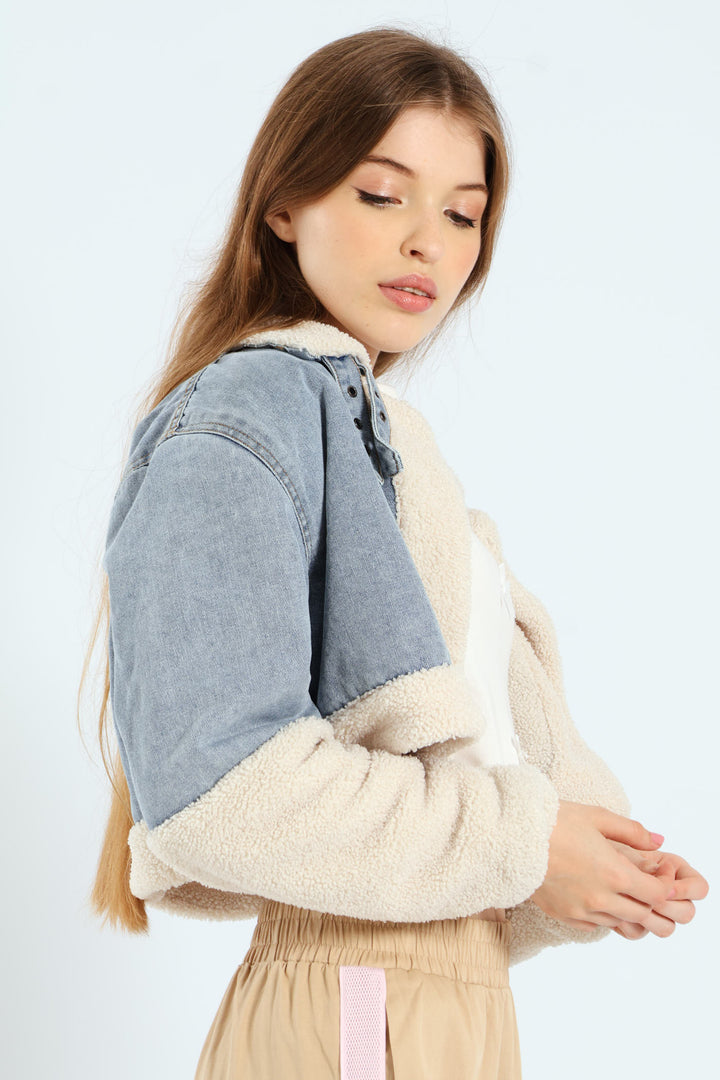 Faux Shearling Denim Moto Jacket - Light Blue