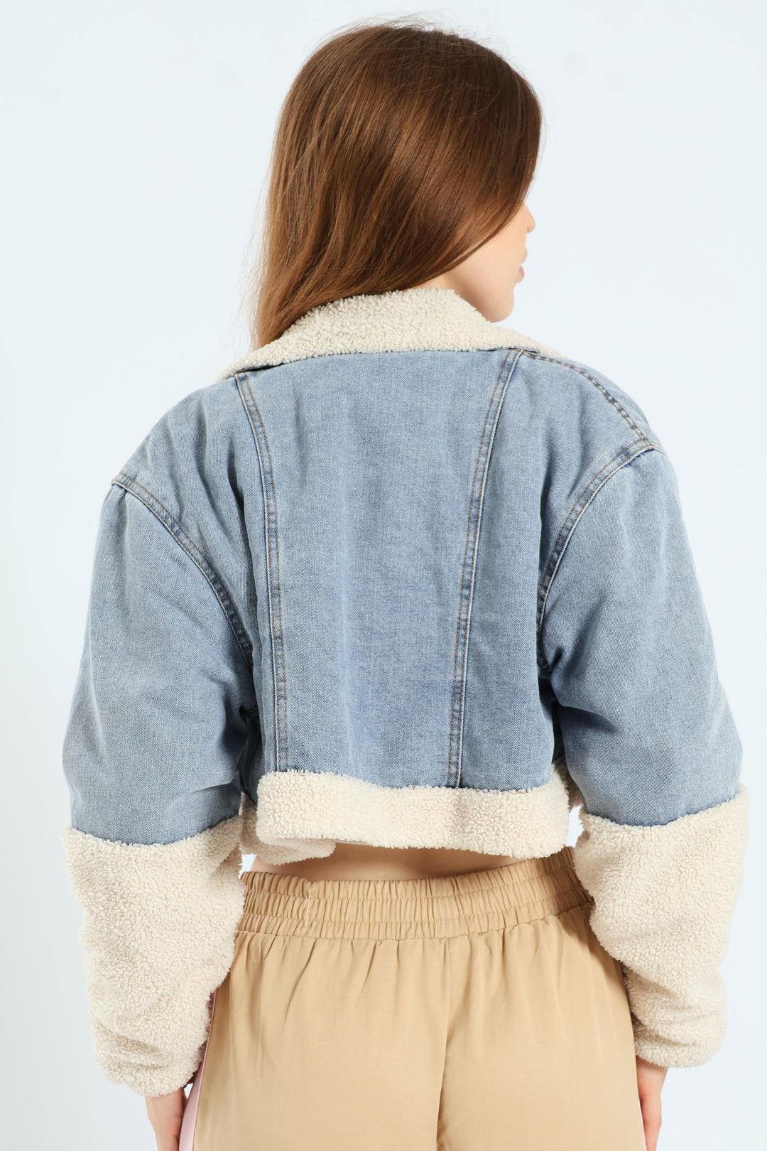 Faux Shearling Denim Moto Jacket - Light Blue