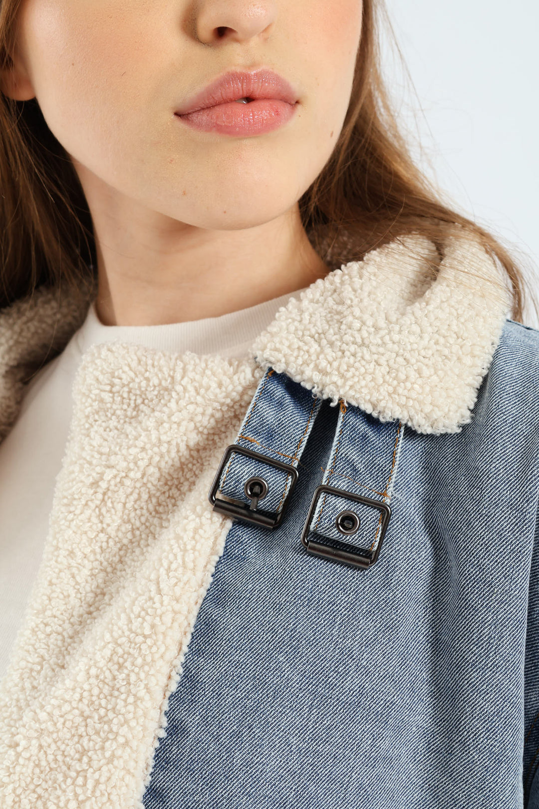 Faux Shearling Denim Moto Jacket - Light Blue