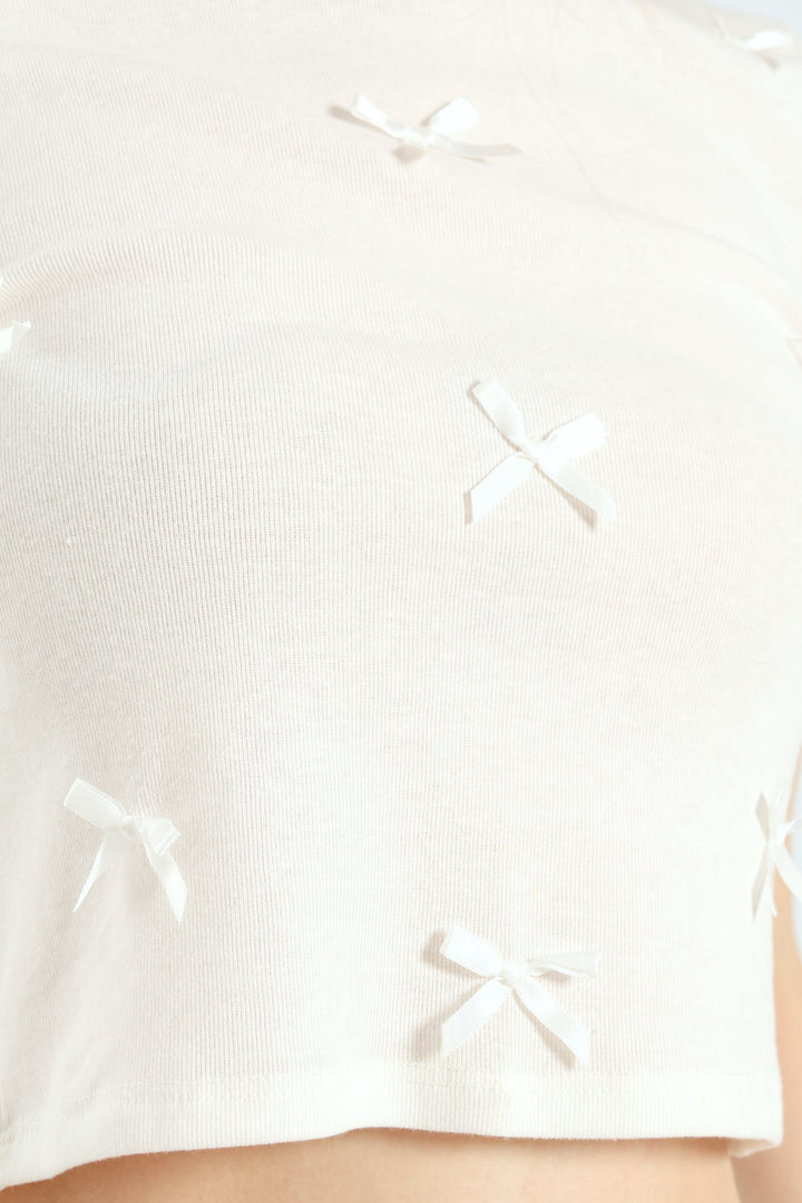 Bow Detail Knit Top - White