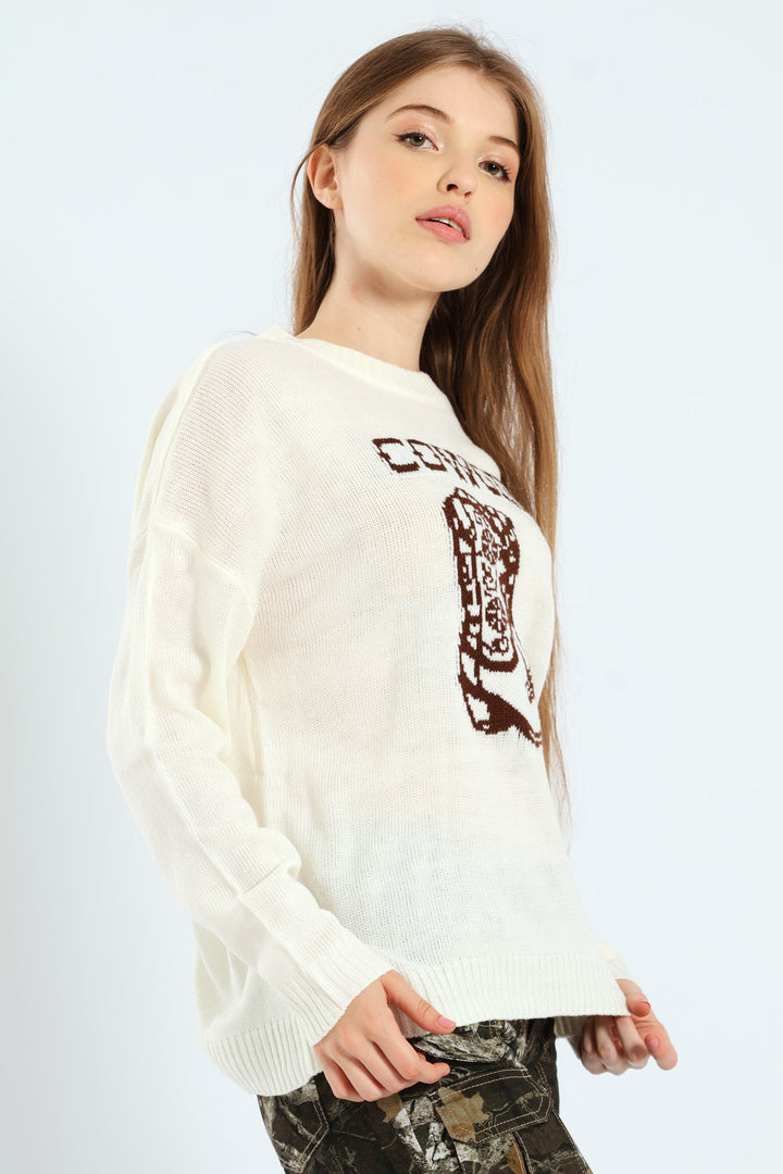 Cowgirl Graphic Sweater - White