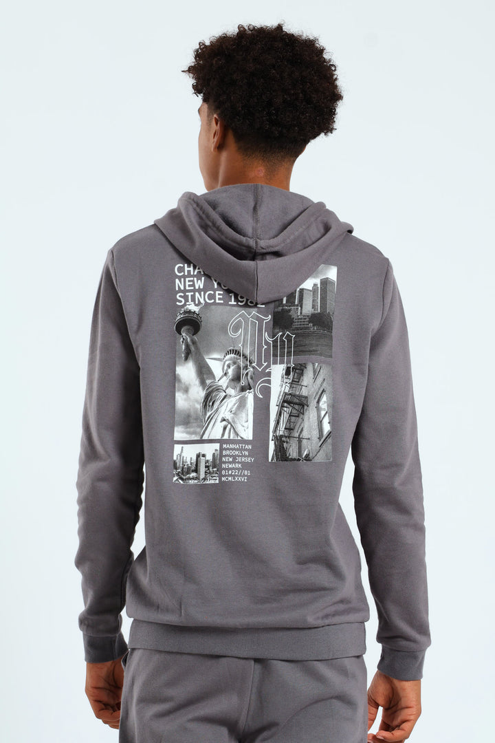 Boys City Back Print Hoody - Charcoal