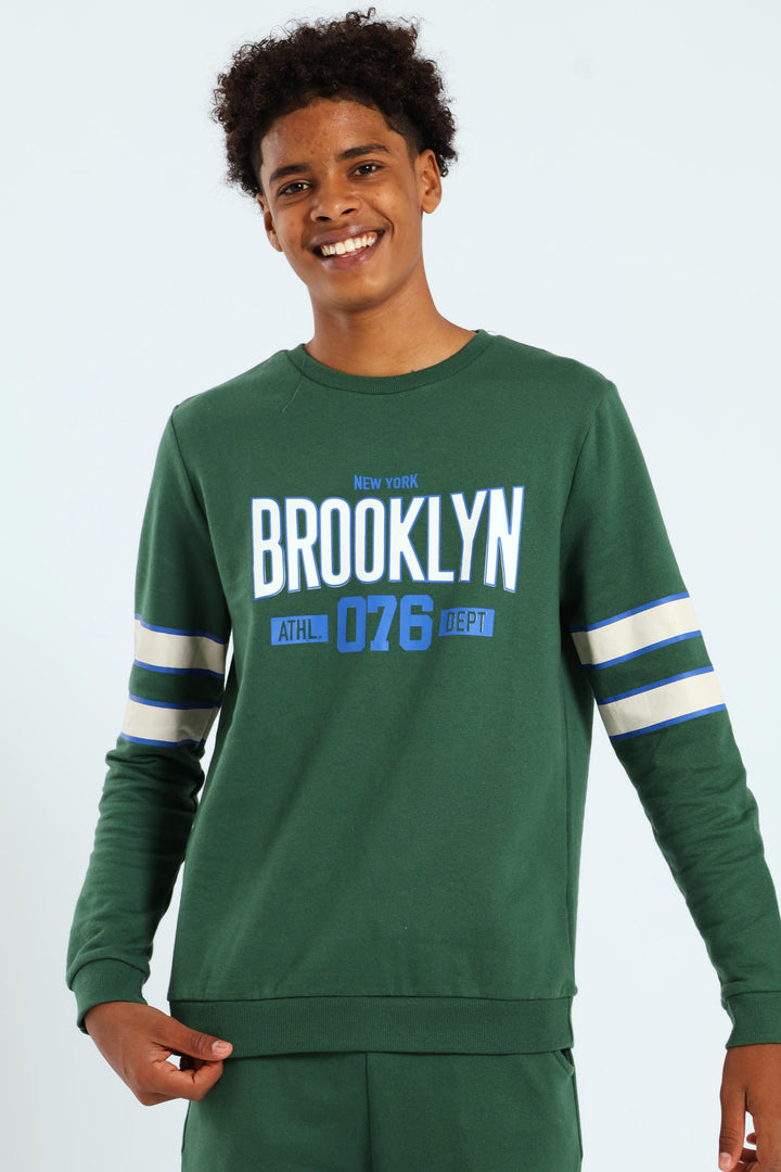 Boys College Stripe Sleeve Crew Top - Green