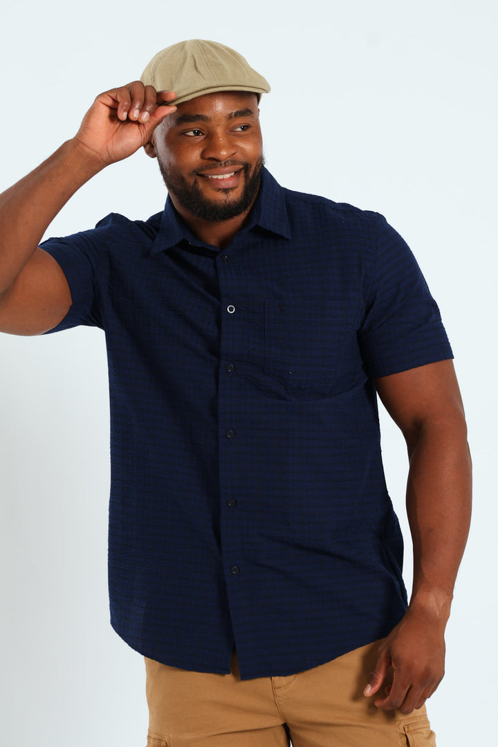 Seersucker Check Shirt - Navy