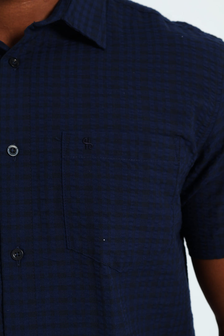 Seersucker Check Shirt - Navy