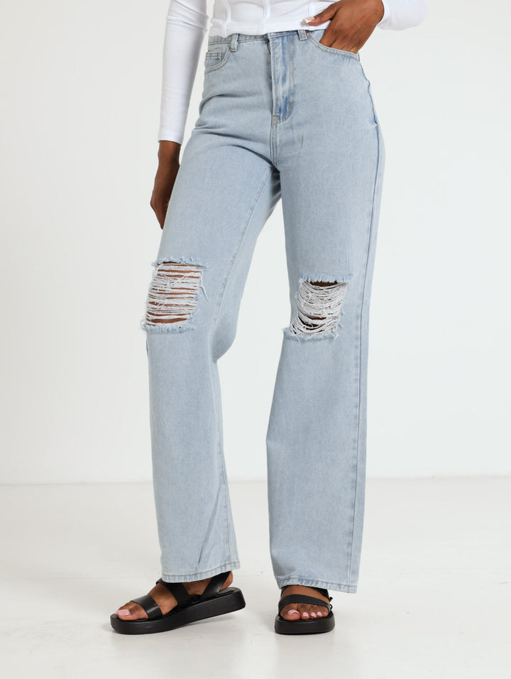 Ladies Ripped 90s Wide Leg Jean - Light Wash