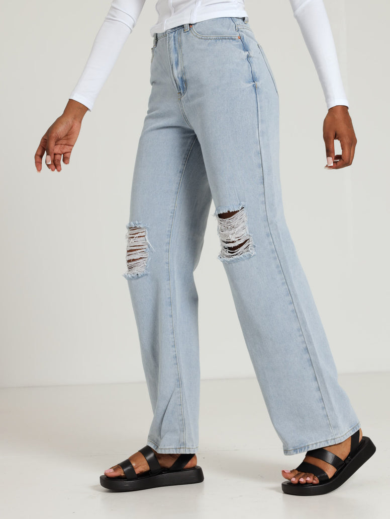 Ladies Ripped 90s Wide Leg Jean - Light Wash