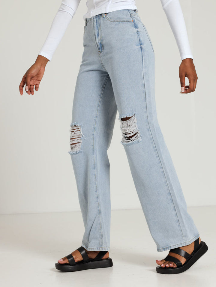 Ladies Ripped 90s Wide Leg Jean - Light Wash