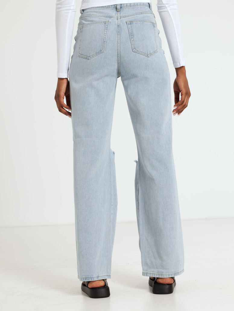 Ladies Ripped 90s Wide Leg Jean - Light Wash