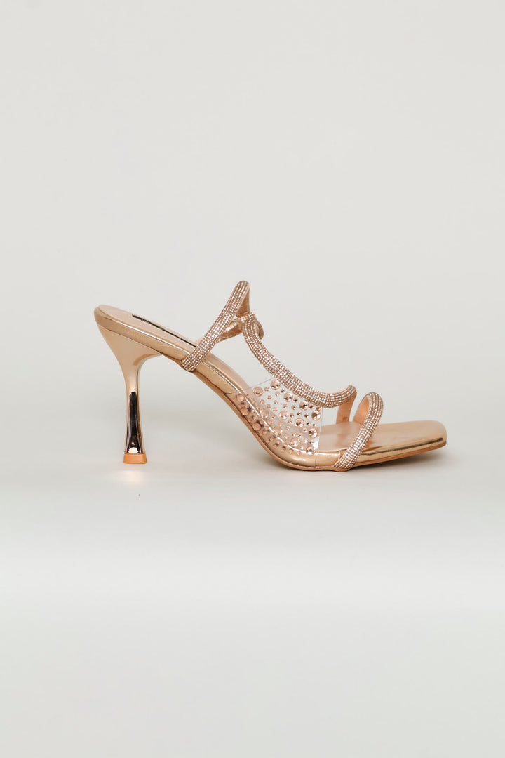 Diamante Asymmetrical Strap Stiletto Heel - Rose Gold