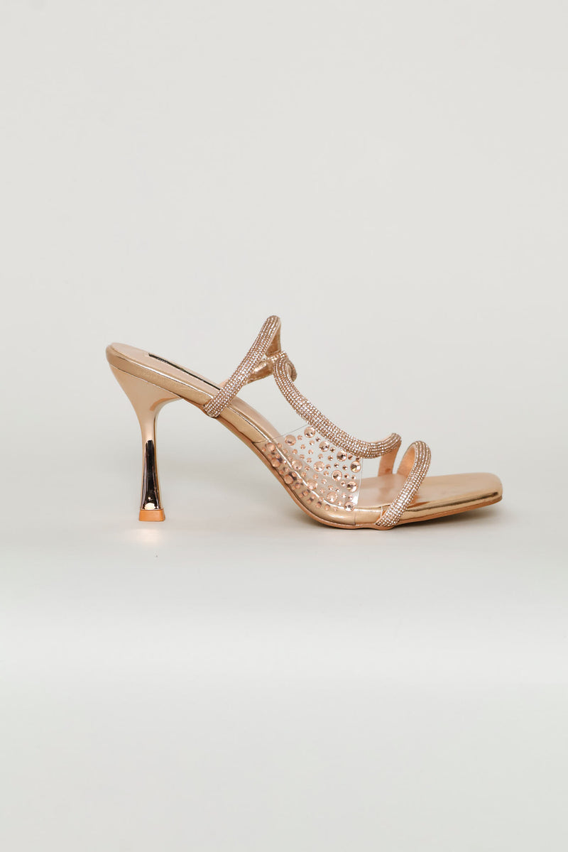 Diamante Asymmetrical Strap Stiletto Heel - Rose Gold