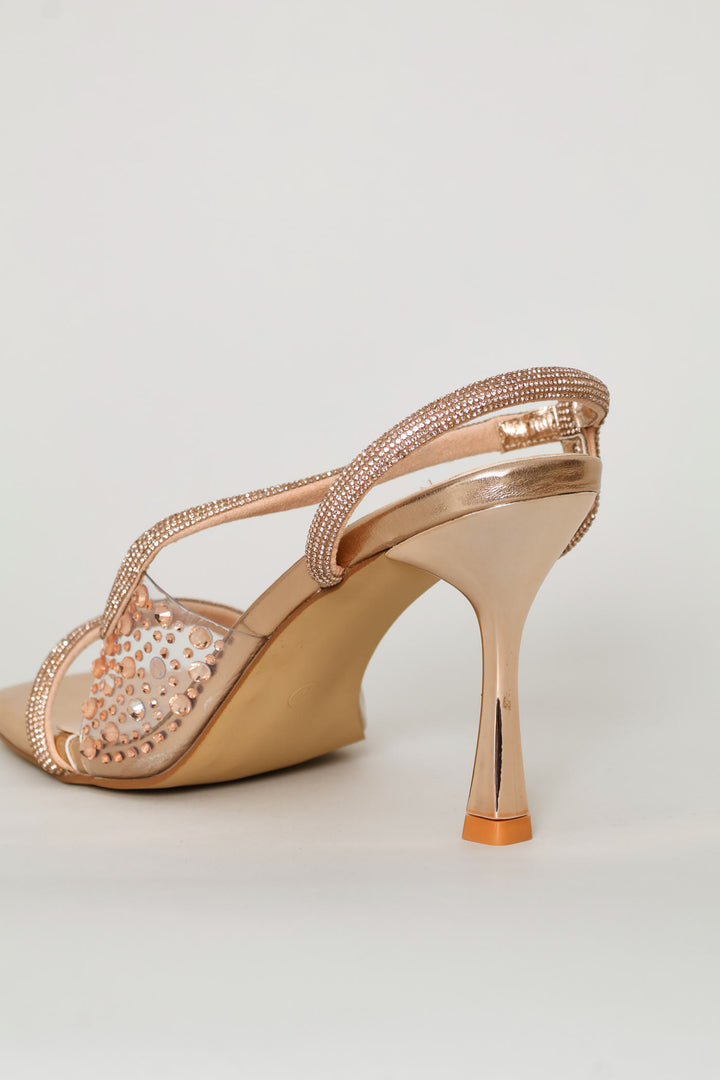 Diamante Asymmetrical Strap Stiletto Heel - Rose Gold