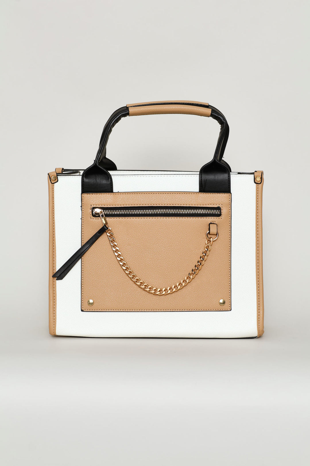 Colourblock Chain Detail Tote Bag - Cream