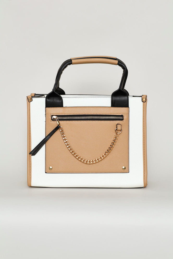Colourblock Chain Detail Tote Bag - Cream