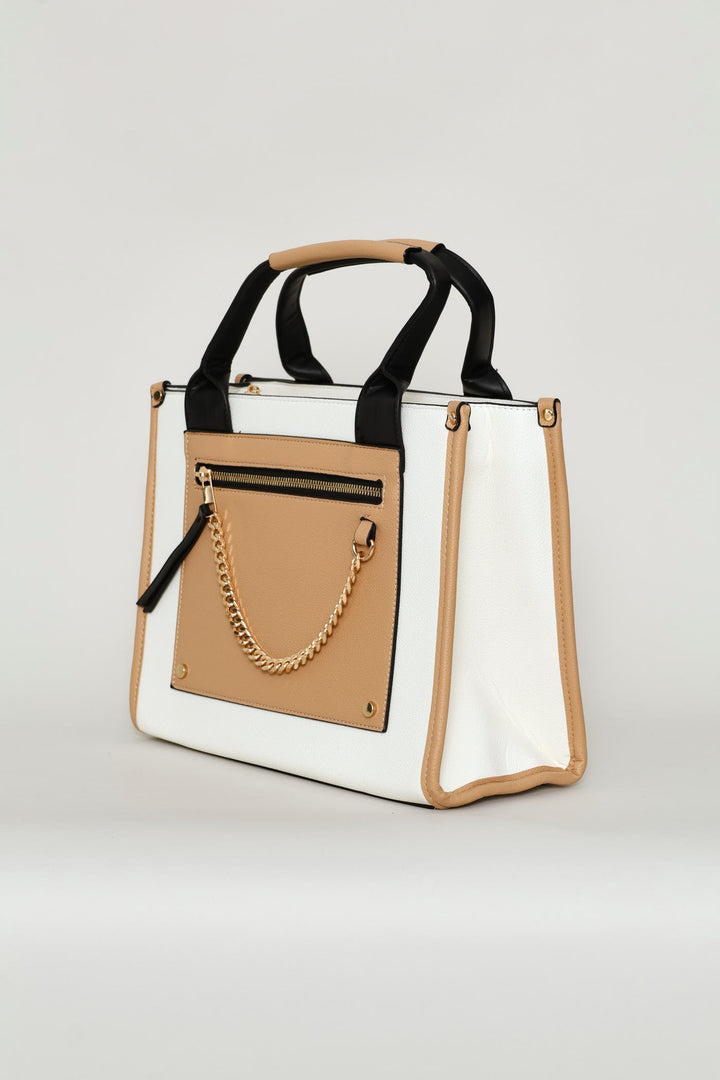 Colourblock Chain Detail Tote Bag - Cream