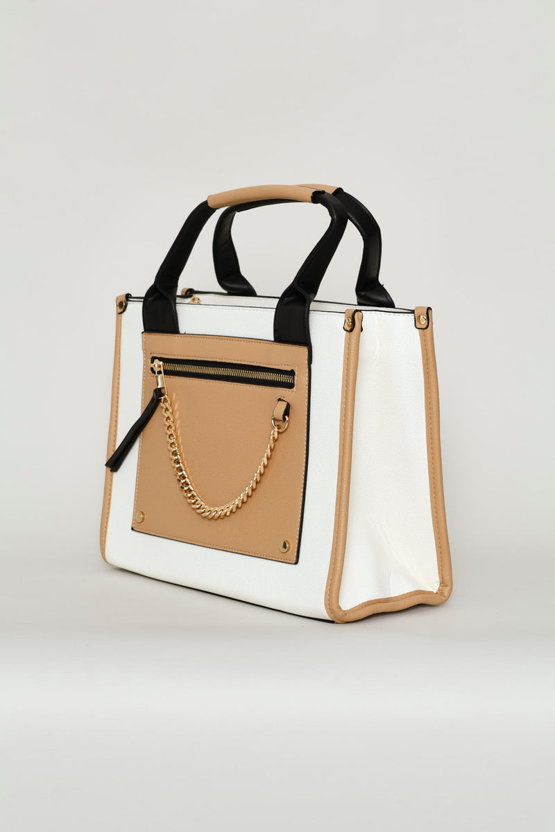 Colourblock Chain Detail Tote Bag - Cream
