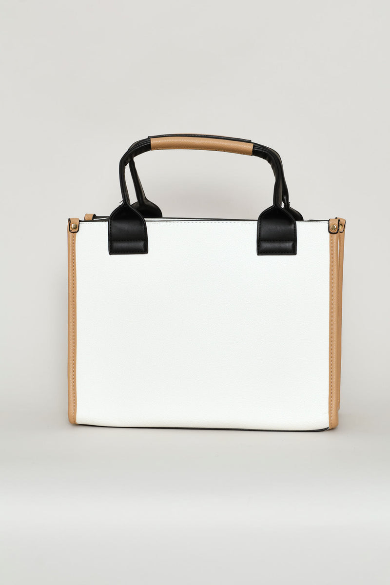 Colourblock Chain Detail Tote Bag - Cream
