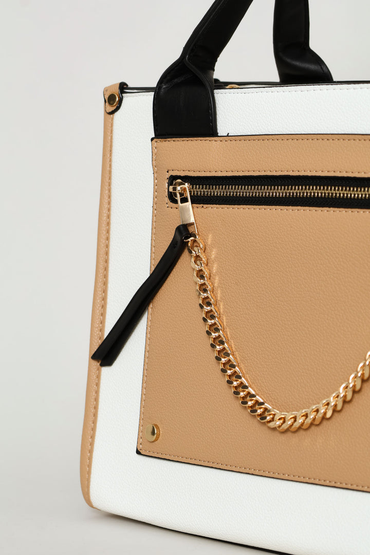 Colourblock Chain Detail Tote Bag - Cream