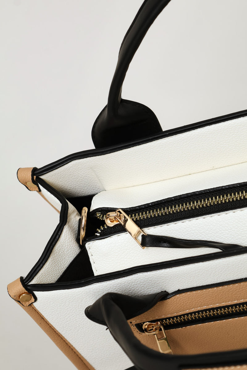 Colourblock Chain Detail Tote Bag - Cream