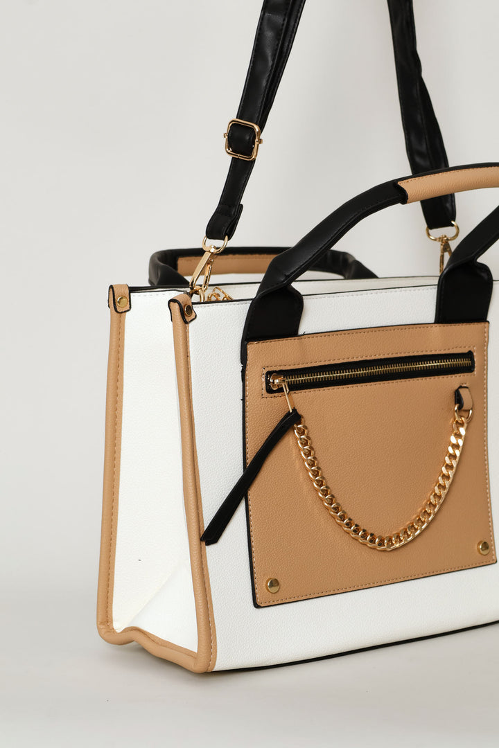 Colourblock Chain Detail Tote Bag - Cream