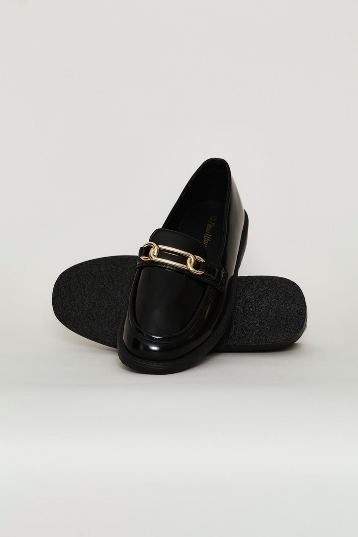 Girls Trim Detail Penny Moccasin - Black/Gold
