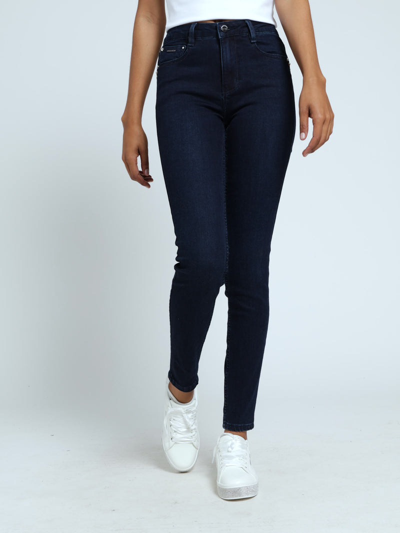 Mid Waist Skinny With A Curved Hem Denim Jeans - Blue/Black