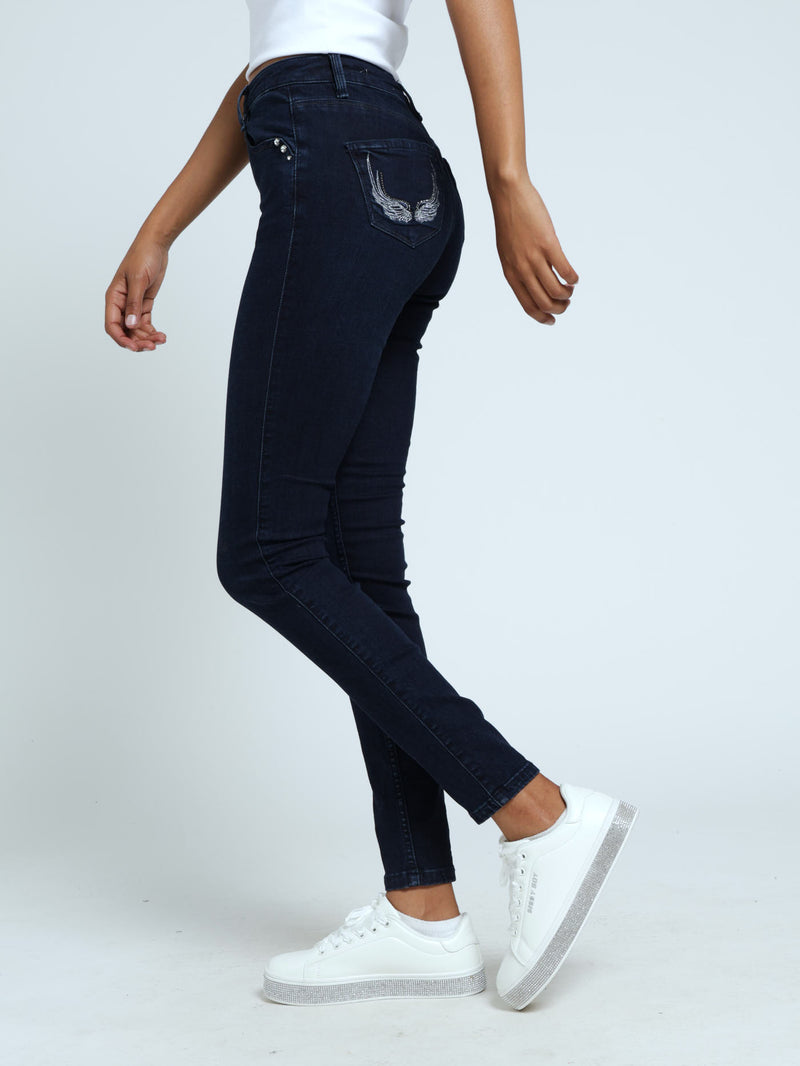 Mid Waist Skinny With A Curved Hem Denim Jeans - Blue/Black