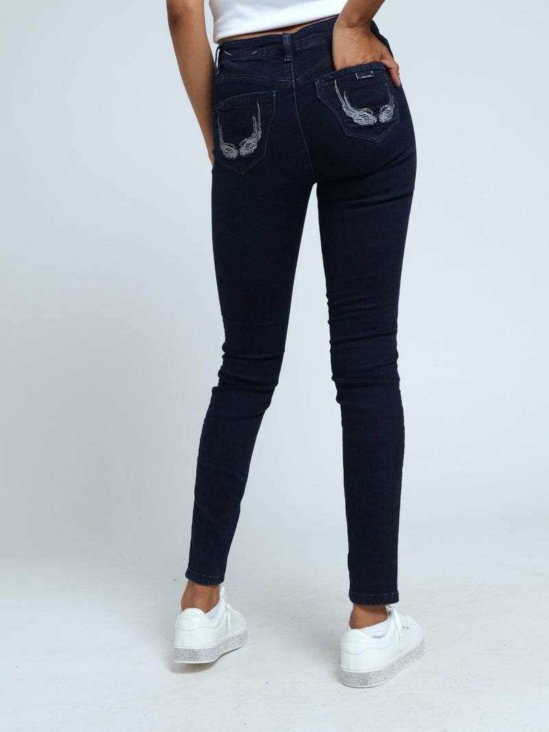 Mid Waist Skinny With A Curved Hem Denim Jeans - Blue/Black