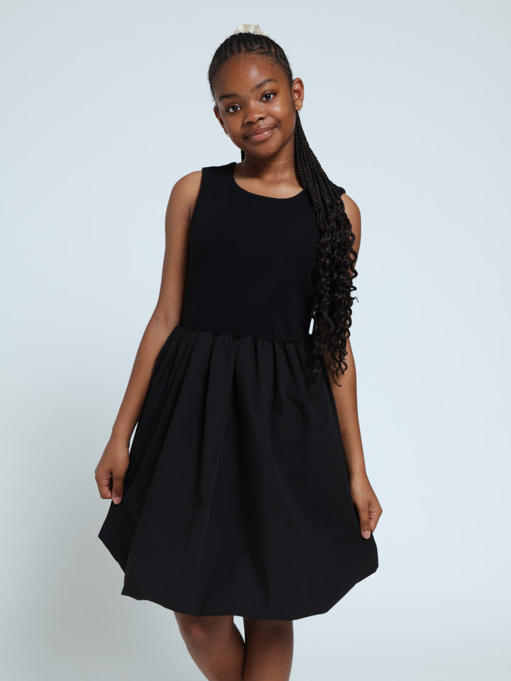 Girls Rib/Woven Bubble Dress - Black