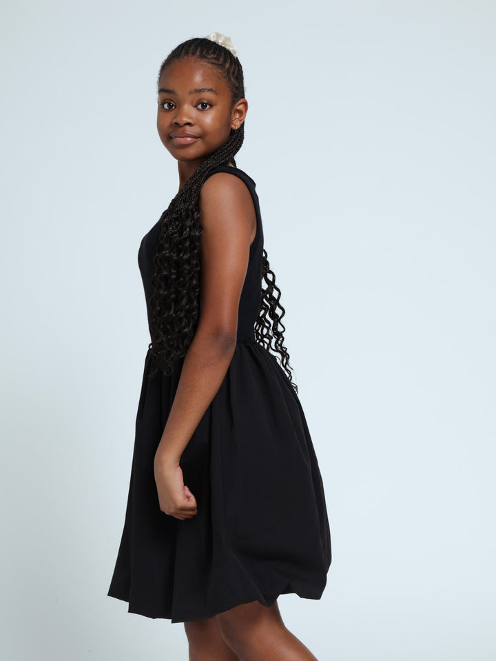 Girls Rib/Woven Bubble Dress - Black